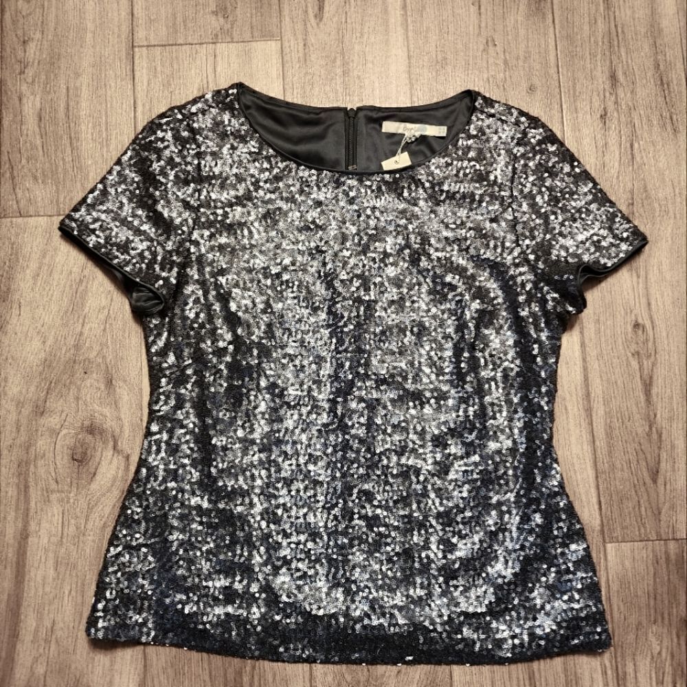 Boden Sequins Short SleeveTop Blouse Pewter Gray Size 8 NWT